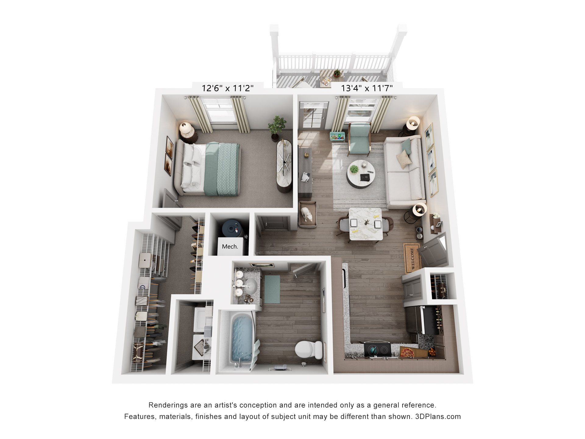 Floor plan for 1 bed, 1 bath, 725 sqft